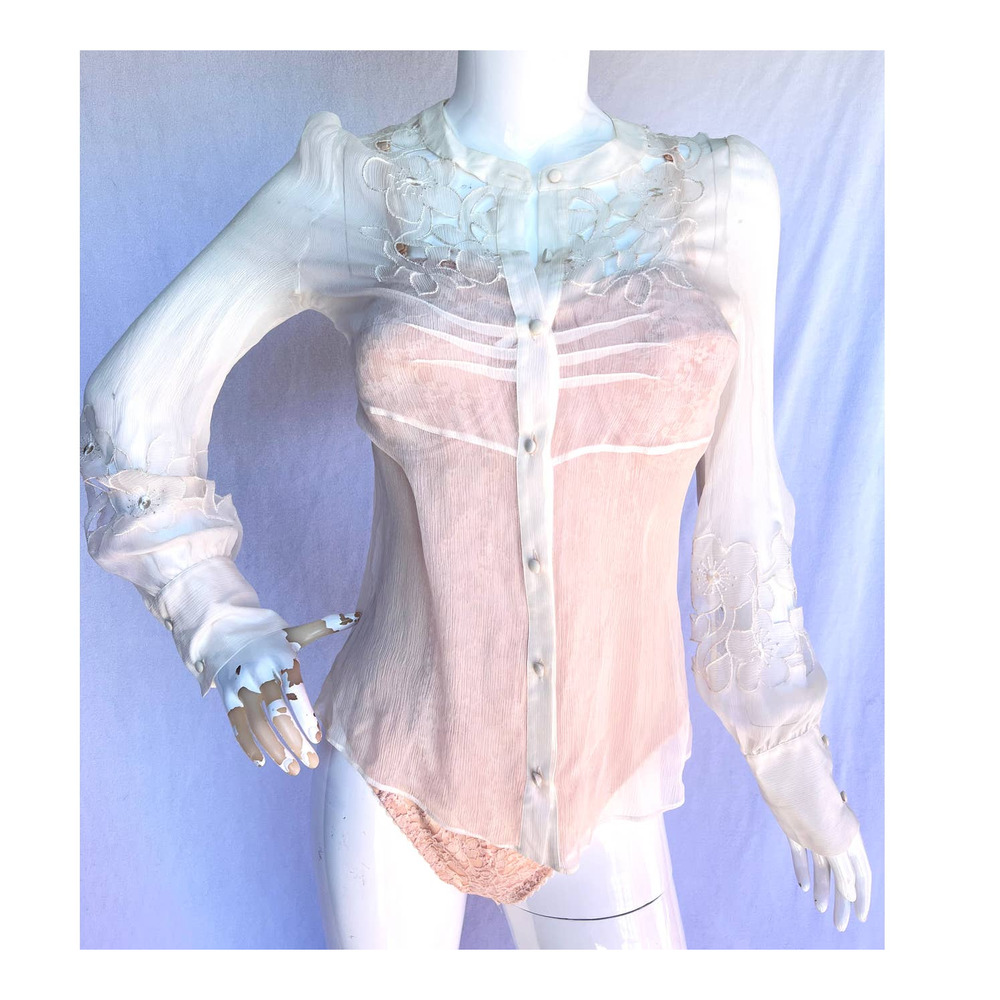 Sheer White Floral Embroidered Button Up